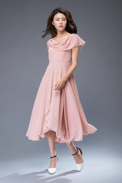 Pink bridemaid prom chiffon dress women C4863