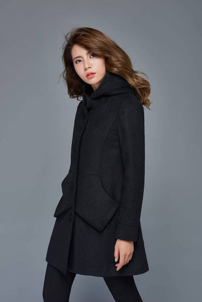 Wool coat, black coat, womens jacket, winter coat, coat, jacket, midi coat, hooded coat, womens jacket, mini jacket  C978