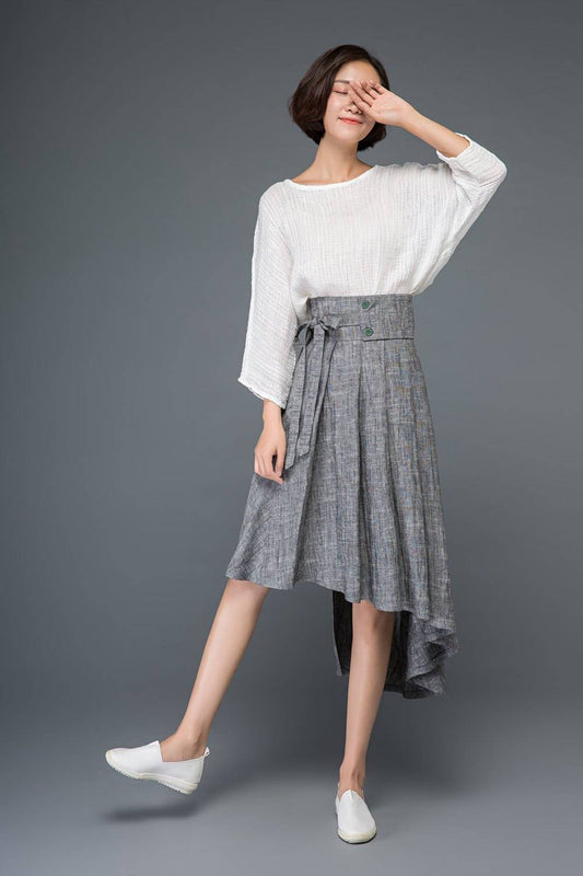 Gray linen skirt, linen womens skirt, summer linen skirt, midi skirt, asymmetrical skirt, bow skirt, pleated skirt, flare skirt C1159