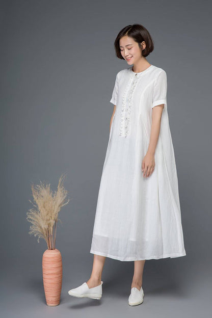 White linen dress, maxi dress, loose dress, summer dress, long dress, flare dress, elegant dress, pleated dress, cute dress, day dress C1161