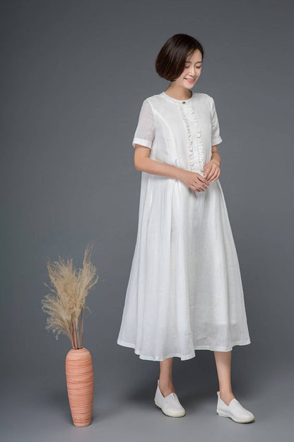 White linen dress, maxi dress, loose dress, summer dress, long dress, flare dress, elegant dress, pleated dress, cute dress, day dress C1161