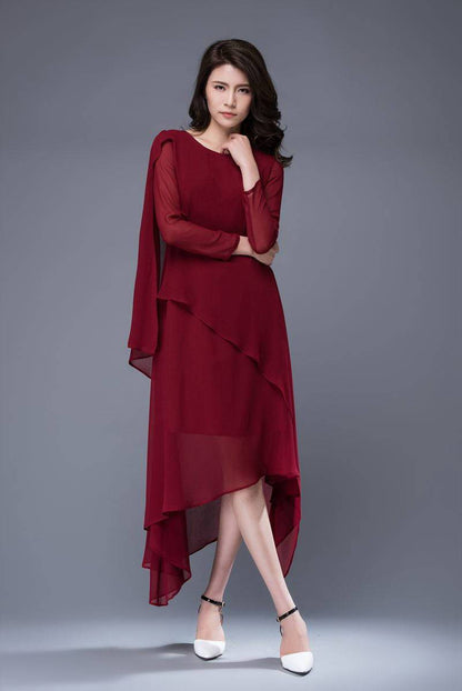 Chiffon dress, wine red dress, formal dress, layered dress, bridesmaid dress, party dress, prom dress, womens dress, asymmetrical dress C878