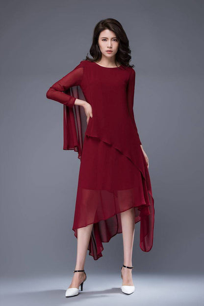 Chiffon dress, wine red dress, formal dress, layered dress, bridesmaid dress, party dress, prom dress, womens dress, asymmetrical dress C878