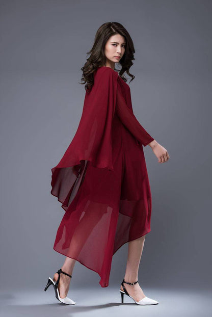 Chiffon dress, wine red dress, formal dress, layered dress, bridesmaid dress, party dress, prom dress, womens dress, asymmetrical dress C878