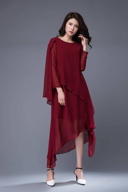 Chiffon dress, wine red dress, formal dress, layered dress, bridesmaid dress, party dress, prom dress, womens dress, asymmetrical dress C878