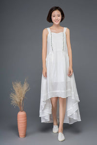 White linen dress, cute dress, summer dress, embroider dress, strap dress, wedding dress, asymmetrical dress, flare dress, loose dress C1162