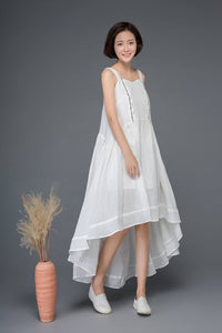 White linen dress, cute dress, summer dress, embroider dress, strap dress, wedding dress, asymmetrical dress, flare dress, loose dress C1162
