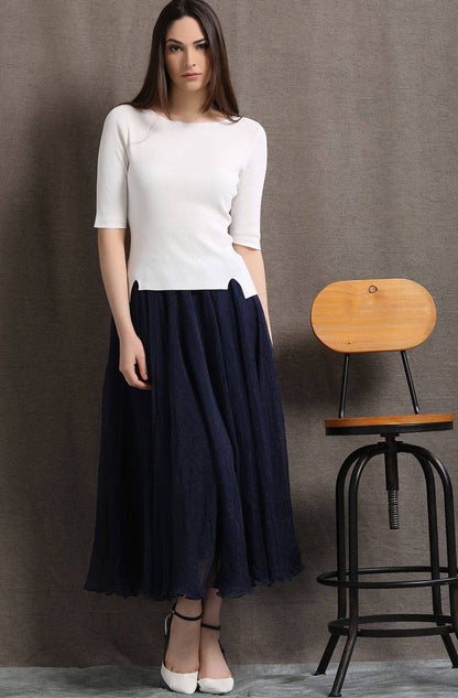 Party skirt, chiffon skirt, long skirt, navy blue skirt, womens skirts, elegant skirt, flare skirt, swing skirt, pleated skirt C428