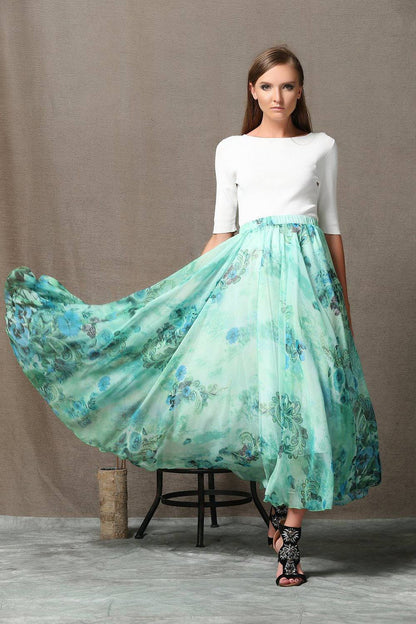 Turquoise skirt, chiffon skirt, print maxi skirt, sheer skirt, butterfly skirt, long skirt, floral skirt, flower skirt, summer skirt C564