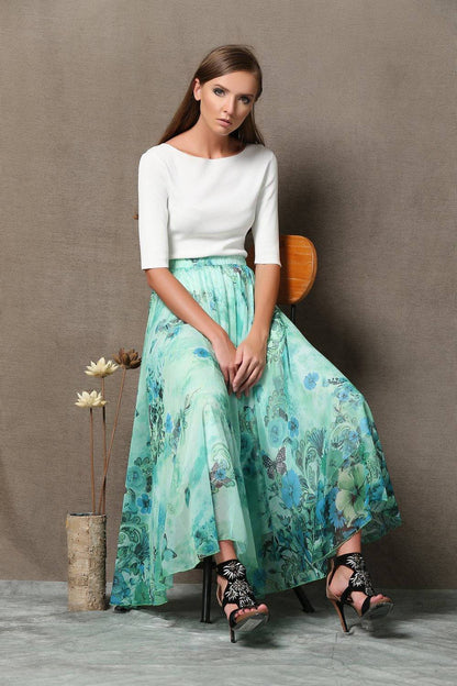 Turquoise skirt, chiffon skirt, print maxi skirt, sheer skirt, butterfly skirt, long skirt, floral skirt, flower skirt, summer skirt C564