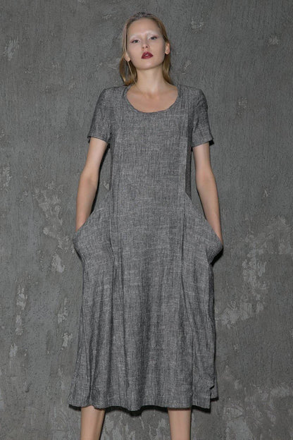Gray Linen Dress - Long Short-Sleeved Casual Loose-Fitting Handmade Designer Dress with Pockets C647