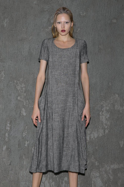 Gray Linen Dress - Long Short-Sleeved Casual Loose-Fitting Handmade Designer Dress with Pockets C647