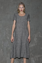 Load image into Gallery viewer, Gray Linen Dress - Long Short-Sleeved Casual Loose-Fitting Handmade Designer Dress with Pockets C647
