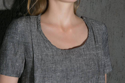 Gray Linen Dress - Long Short-Sleeved Casual Loose-Fitting Handmade Designer Dress with Pockets C647