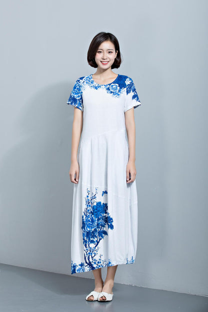 Womens dresses, Linen Dress, maxi dress, dress, Midi Length Dress, Loose Dress, summer dress, print dress, flower dress C1134