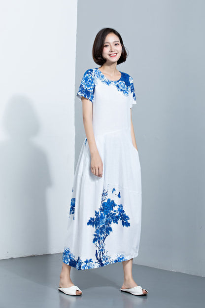 Womens dresses, Linen Dress, maxi dress, dress, Midi Length Dress, Loose Dress, summer dress, print dress, flower dress C1134