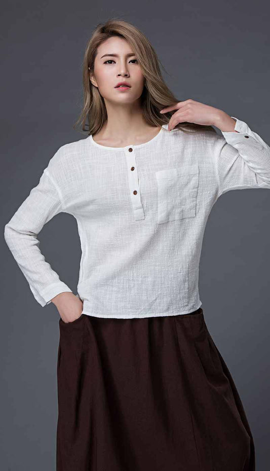 Linen crop top, linen top, white linen top, long sleeve top, white linen blouse, summer top, pocket top with long sleeves, loose top C859