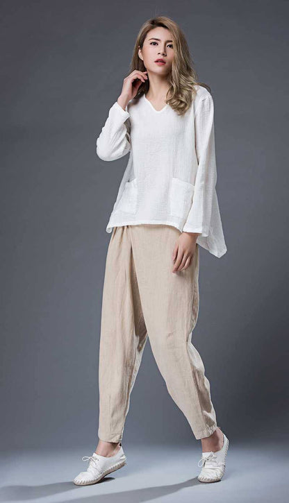 Linen top, womens linen top, white linen top, oversized linen top, linen blouse with long sleeves, v neck tops, irregular blouses C866