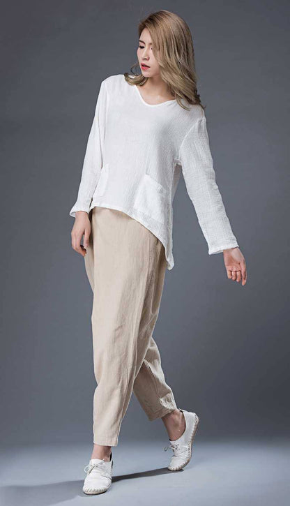 Linen top, womens linen top, white linen top, oversized linen top, linen blouse with long sleeves, v neck tops, irregular blouses C866
