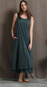 Layered Linen Maxi Dress - Long Sage Green Casual Everyday Comfortable Loose-Fitting Plus Size Women's Dress (C414)