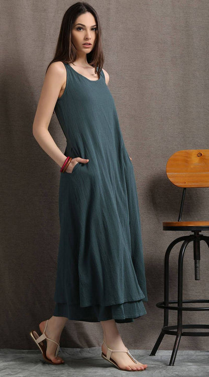 Layered Linen Maxi Dress - Long Sage Green Casual Everyday Comfortable Loose-Fitting Plus Size Women's Dress (C414)