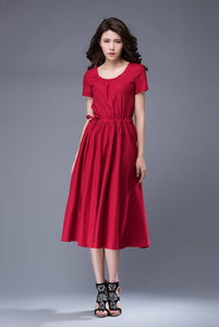 Red dress, scoop neck dress, linen dress, midi dress, drawstring dress, everyday dress, elegant dress, summer dress, pleated dress C887