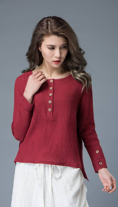 Linen top, womens tops, red linen top, buttons top, mini blouse, handmade blouse, linen blouse, loose shirts, made to order C842
