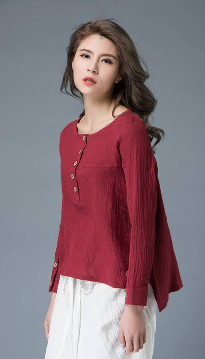 Linen top, womens tops, red linen top, buttons top, mini blouse, handmade blouse, linen blouse, loose shirts, made to order C842