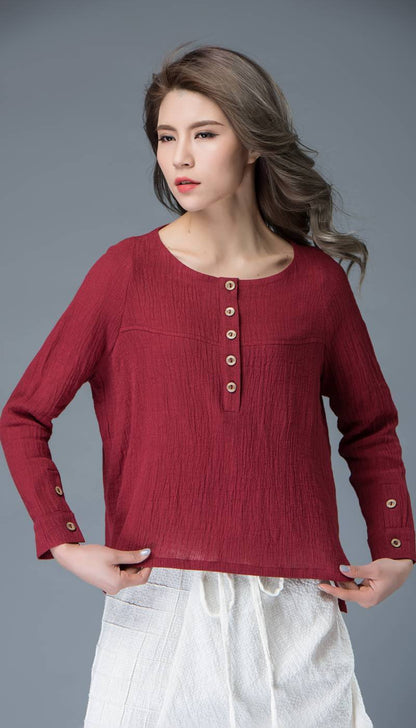 Linen top, womens tops, red linen top, buttons top, mini blouse, handmade blouse, linen blouse, loose shirts, made to order C842