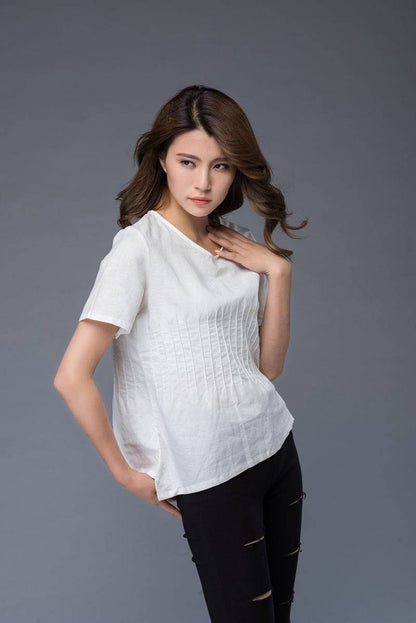 White top, linen top, summer shirt, womens blouse, asymmetrical tops, short shirt, casual top, v neck top, white tee, handmade top C948