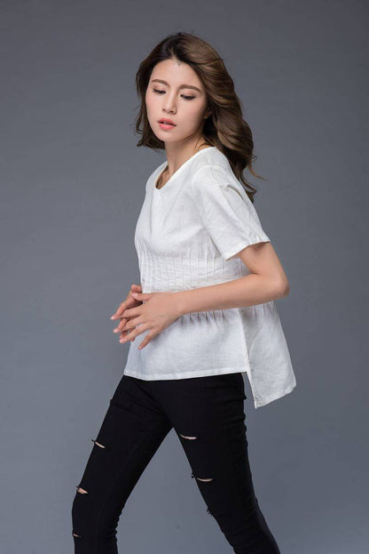 White top, linen top, summer shirt, womens blouse, asymmetrical tops, short shirt, casual top, v neck top, white tee, handmade top C948