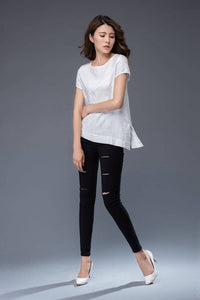 White linen T-shirt, irregular T-shirt, round neck ,loose fit T- Shirt, casual women T-shirt C949