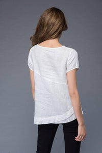 White linen T-shirt, irregular T-shirt, round neck ,loose fit T- Shirt, casual women T-shirt C949