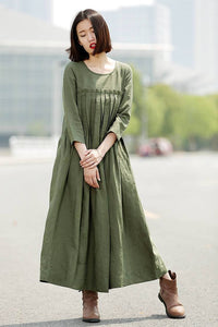 Green Linen Dress, linen dress, long linen dress, Pleated dress, loose linen dress, womens dresses, dress with pockets, plus size dress C358