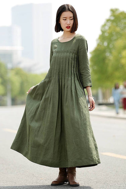 Green Linen Dress, linen dress, long linen dress, Pleated dress, loose linen dress, womens dresses, dress with pockets, plus size dress C358
