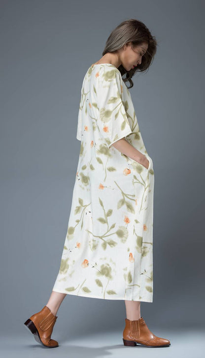 Flower print dress, maxi linen dress, womens dresses, long dress, t shirt dress, shift dress, oversize dress, plus size dress, handmade C812