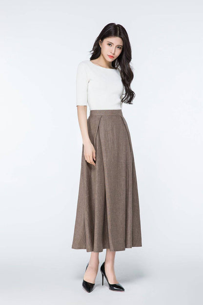 linen skirt, brown linen skirt, long linen skirt, womens linen skirts, vintage skirt, linen pleated skirt, linen skirt with pockets  C1063