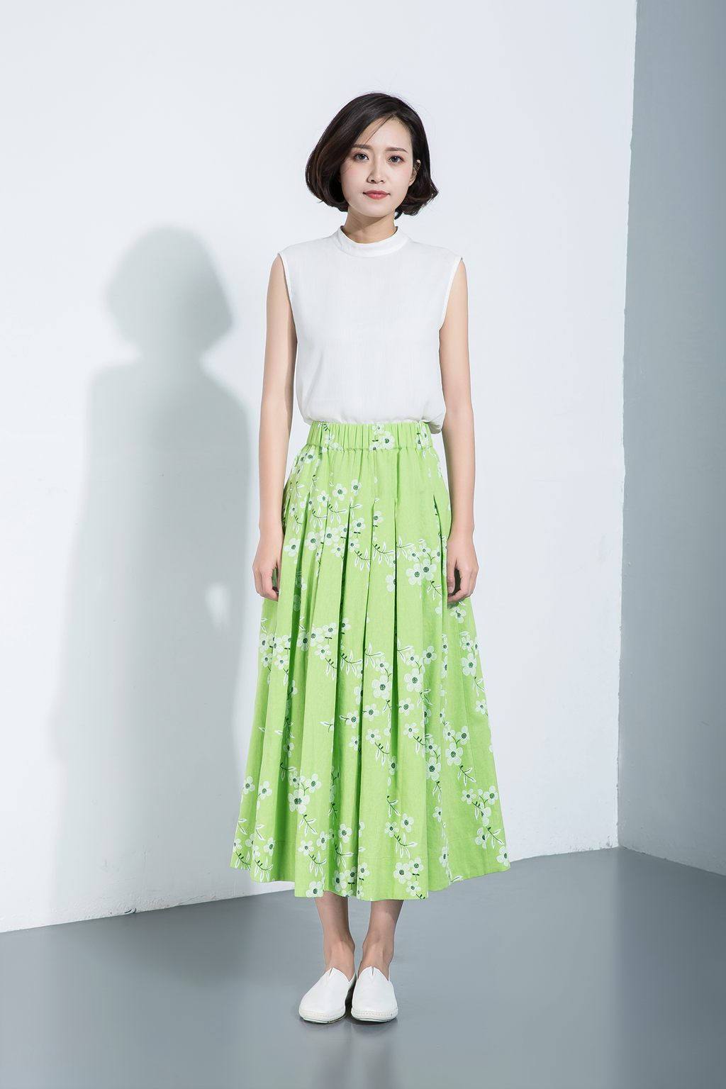flower skirts, print skirts, skater skirt, pleated linen skirt, long linen skirt, maxi skirt, mint green skirt, green linen skirt C1125