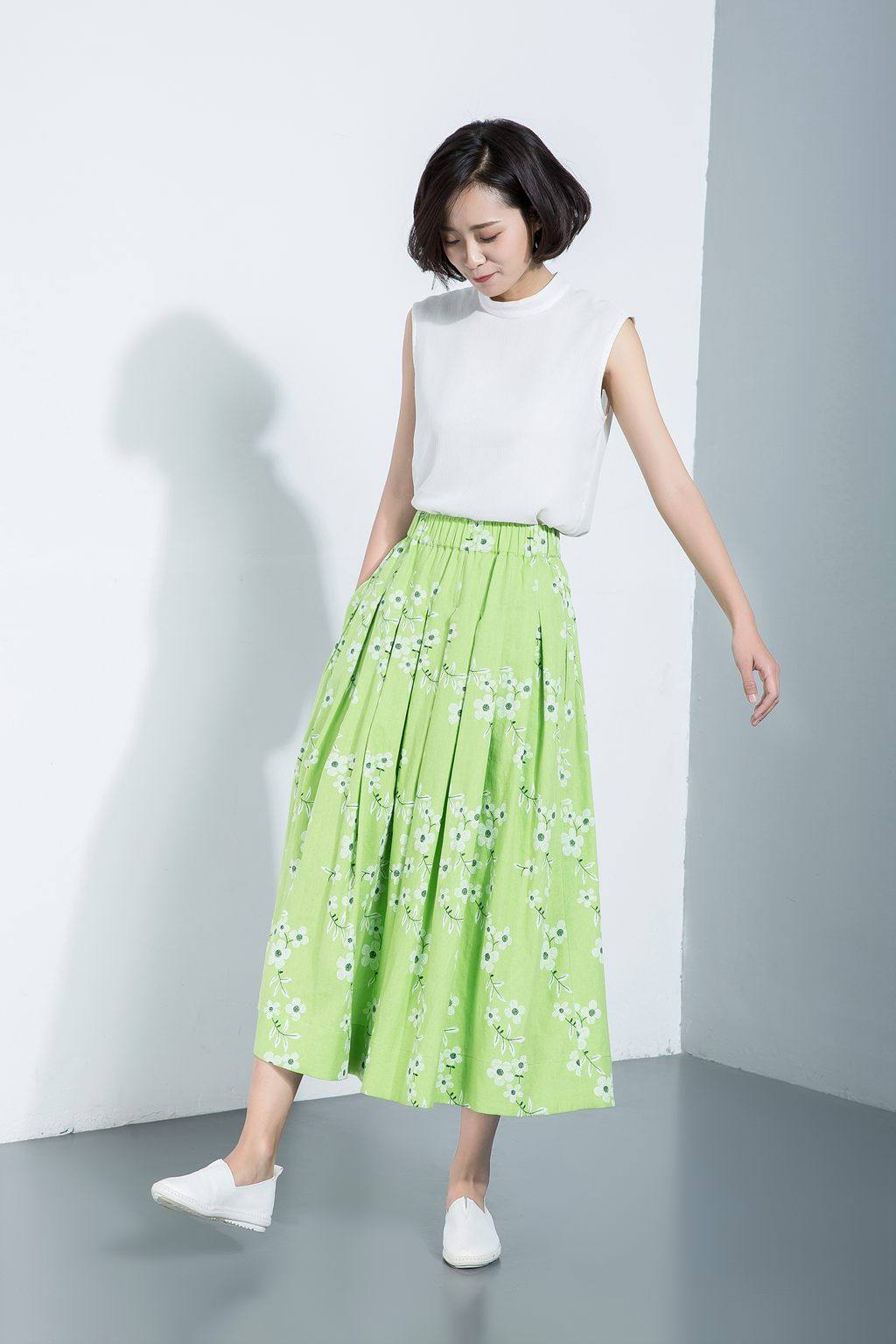 flower skirts, print skirts, skater skirt, pleated linen skirt, long linen skirt, maxi skirt, mint green skirt, green linen skirt C1125