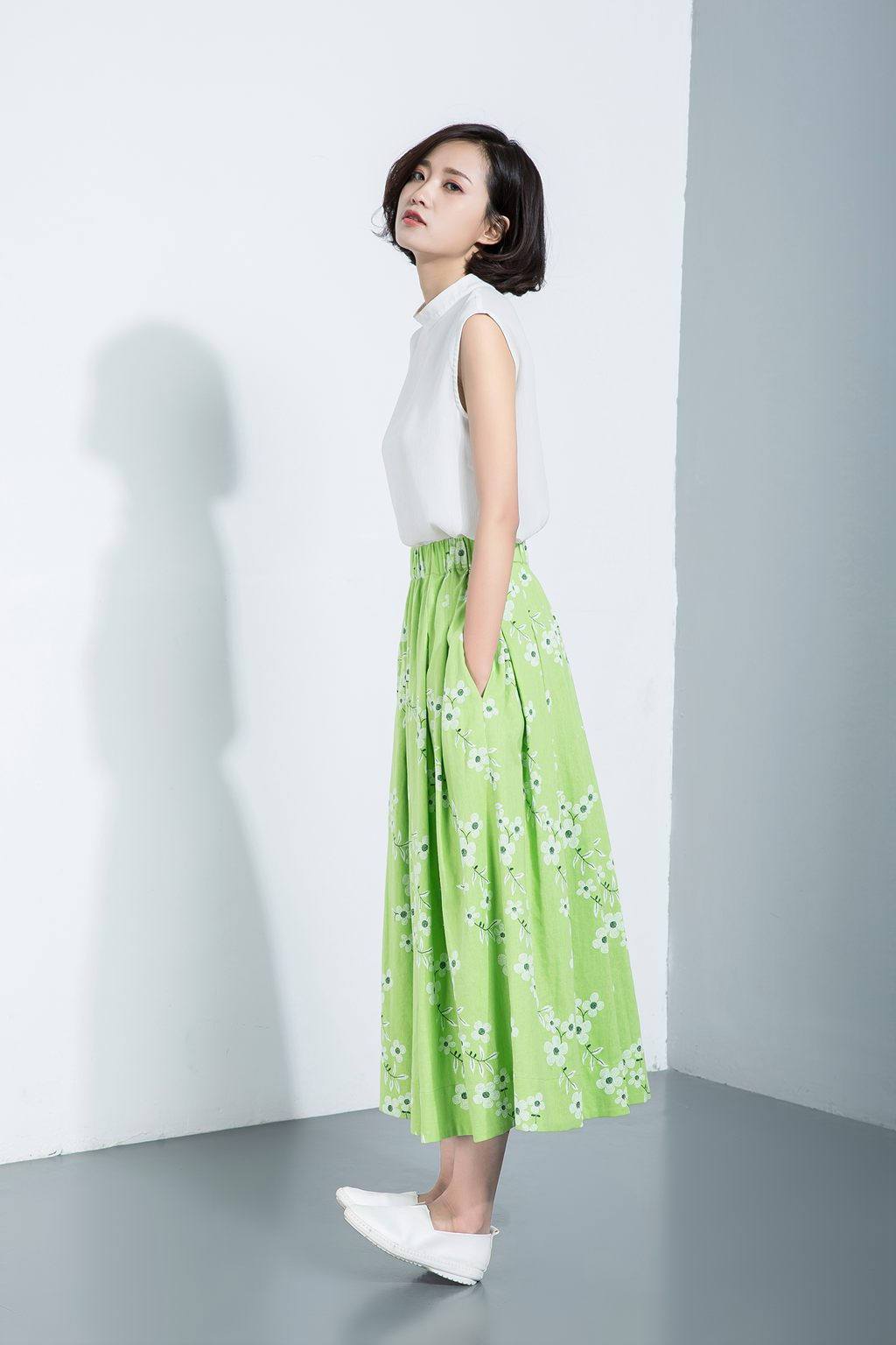 flower skirts, print skirts, skater skirt, pleated linen skirt, long linen skirt, maxi skirt, mint green skirt, green linen skirt C1125