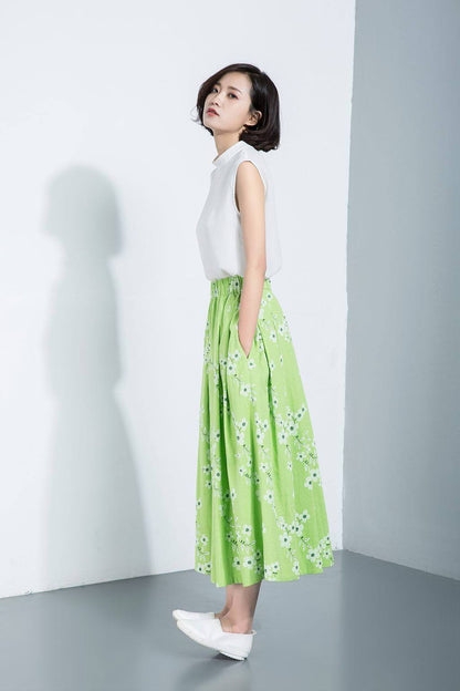 flower skirts, print skirts, skater skirt, pleated linen skirt, long linen skirt, maxi skirt, mint green skirt, green linen skirt C1125