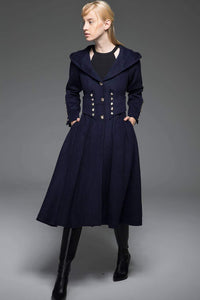 Navy Military Style Coat - Long Modern Dark Blue Hooded Winter Wool Designer Coat with Pockets and Button Detail C739