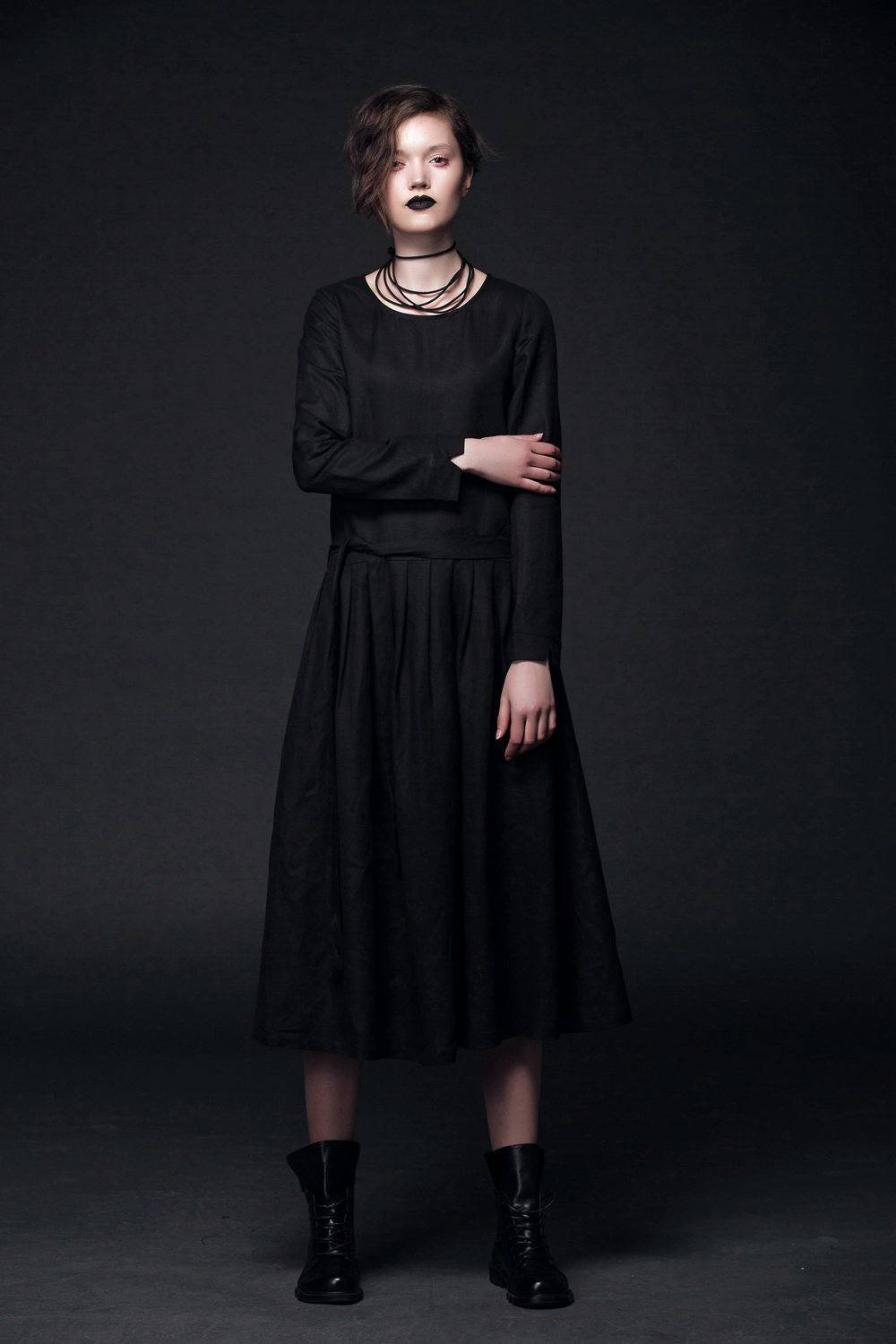 Designer dress, black linen dress, linen dress maxi, pleated dress, midi dress, long sleeves dress, autumn dress, dress with pockets C506