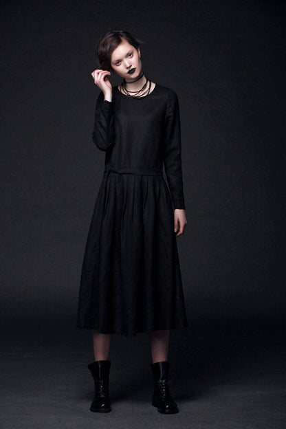 Designer dress, black linen dress, linen dress maxi, pleated dress, midi dress, long sleeves dress, autumn dress, dress with pockets C506