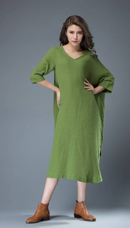 Green Linen dress, midi dress, womens dresses, plus size dress, summer dress, handmade dress, custom dress, dress with pockets C818