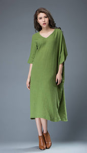 Green Linen dress, midi dress, womens dresses, plus size dress, summer dress, handmade dress, custom dress, dress with pockets C818