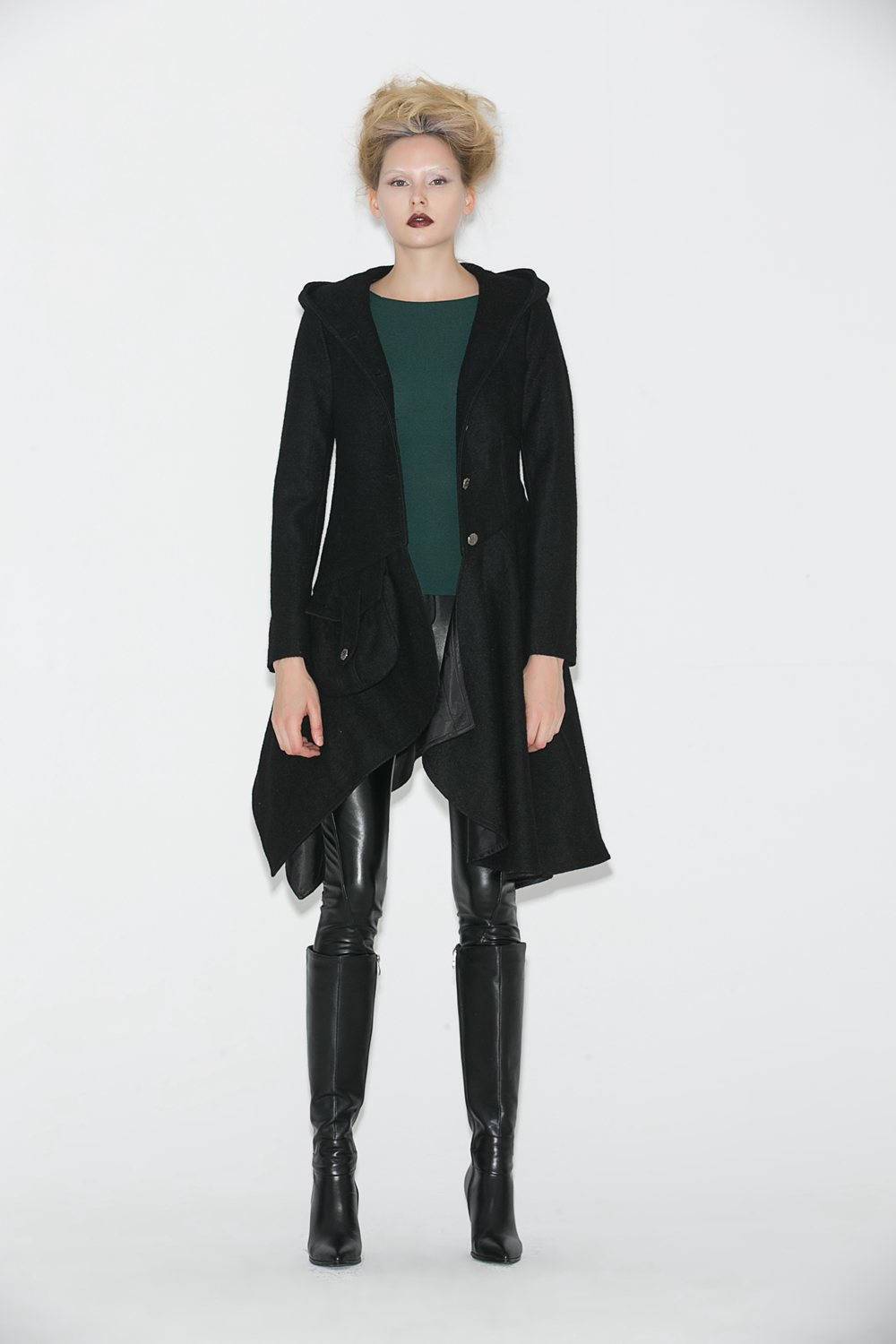 Black Swing Coat - Contemporary Unique Design Winter Jacket with Pixie Rag Hemline and Large Front Pocket C671