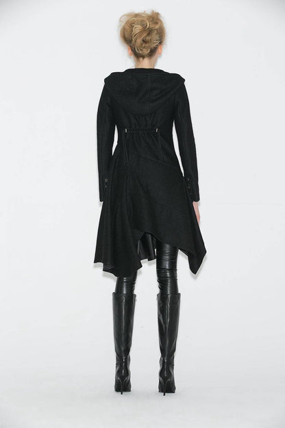 Black Swing Coat - Contemporary Unique Design Winter Jacket with Pixie Rag Hemline and Large Front Pocket C671