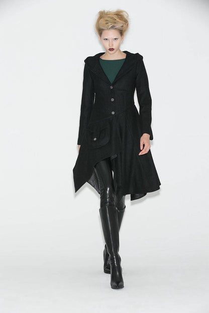 Black Swing Coat - Contemporary Unique Design Winter Jacket with Pixie Rag Hemline and Large Front Pocket C671
