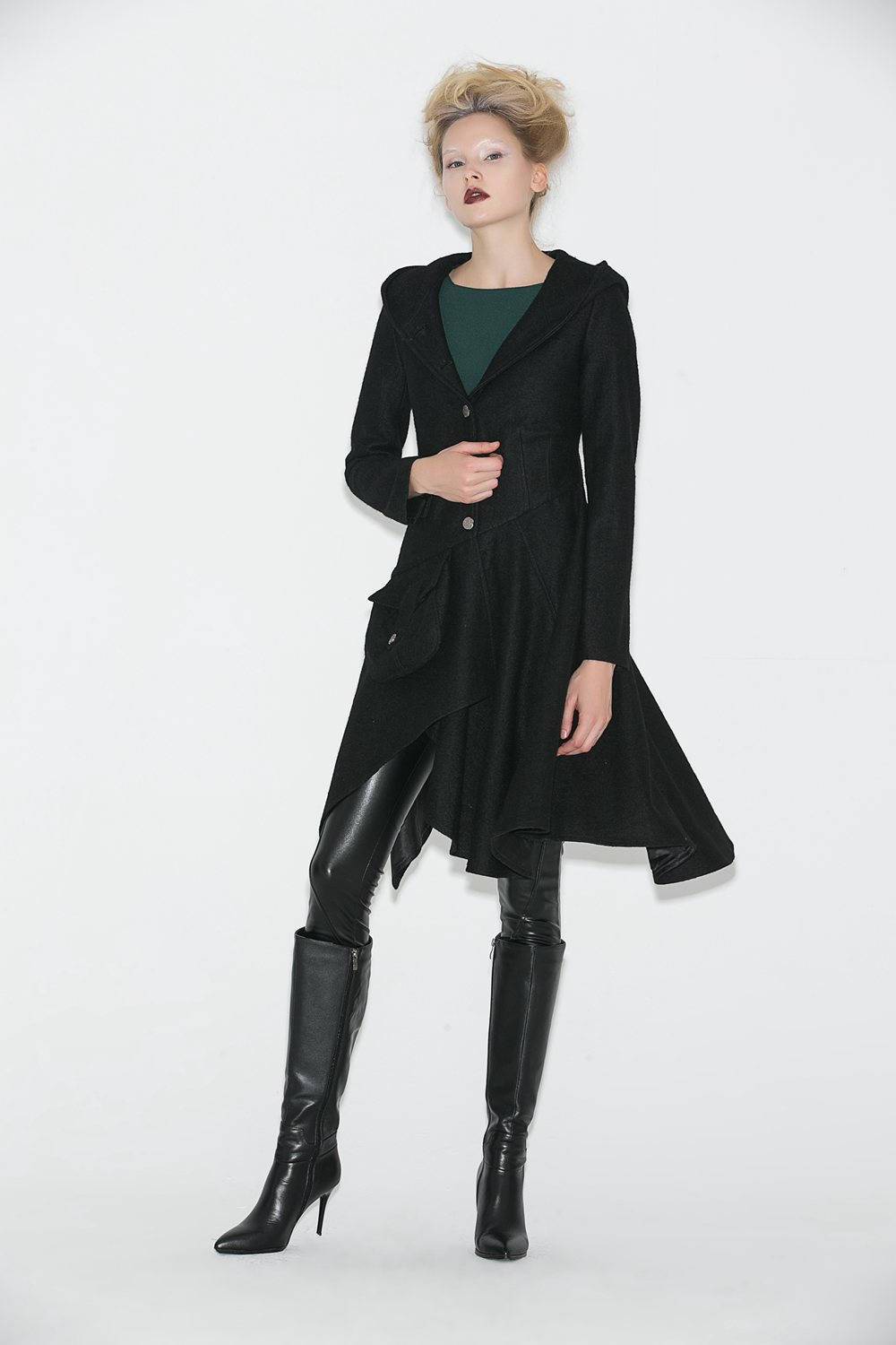 Black Swing Coat - Contemporary Unique Design Winter Jacket with Pixie Rag Hemline and Large Front Pocket C671